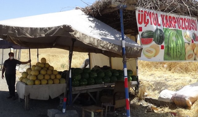 Kavurucu sıcakta karpuz ve kavun satarak ekmek parasını kazanıyor