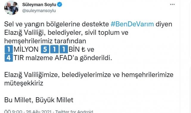 Elazığ'dan sel ve yangın bölgelerine 1 milyon 511 bin lira destek
